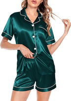 SWOMOG Satin Matching Pajamas Sets Couple Silk Button Down Nightwear Women & Men Short Sleeve Sleepwear 2 Pieces Loungewear