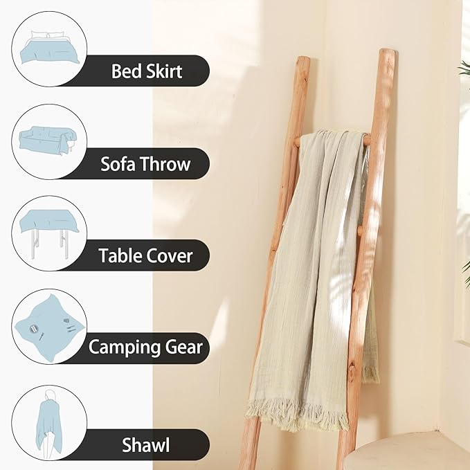 Cotton Muslin Throw Blanket with Tassels, Lightweight Woven Gauze, Pre-Washed Breathable Farmhouse Decor for Bed, Couch, All-Season Use (Beige, 50" x 60")
