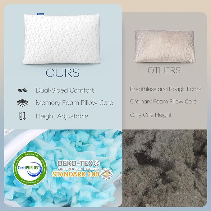 CushyOasis Shredded Memory Foam Pillows, Bed Pillows for Sleeping, King Size Pillows, Cooling Pillow, Stomach and Back Sleepers with Removable Washable Pillowcase (King*1)