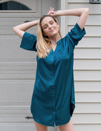 Ekouaer Satin Nightgowns for Women Silk Sleepwear Button Down Sleepshirt 3/4 Sleeve V-Neck Nightshirts with Pockets