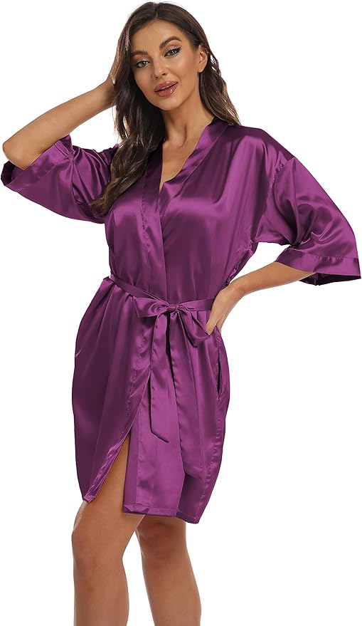 Women's Pure Short Kimono Robes Bride Bridesmaids Silky Bathrobe Lightweight Satin Sleepwear