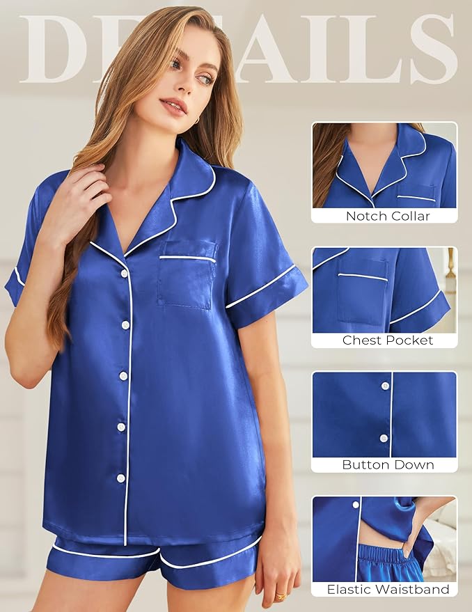 Silk Pajamas for Women Short Sleeve Sleepwear Soft Button Down Loungewear 2 Piece Satin Pjs Shorts Set S-XXL