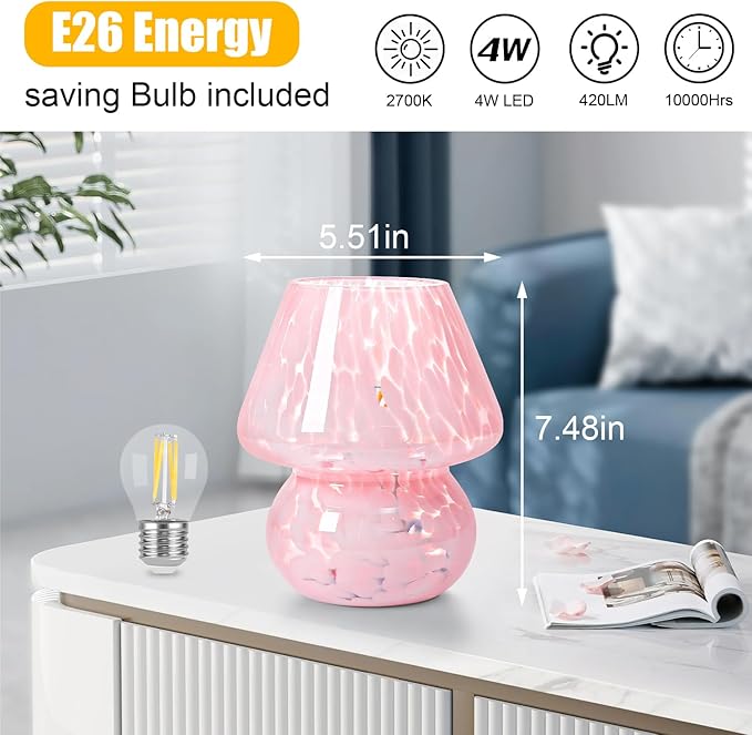 Mushroom Lamp, Small Bedside Table Lamp for Bedroom, Living Room, Cute Nightstand Lamp, Translucent Pink Glass Desk Light with E26 2700K Bulb, Home Decor Gift for Girls Women