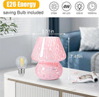 Mushroom Lamp, Small Bedside Table Lamp for Bedroom, Living Room, Cute Nightstand Lamp, Translucent Pink Glass Desk Light with E26 2700K Bulb, Home Decor Gift for Girls Women