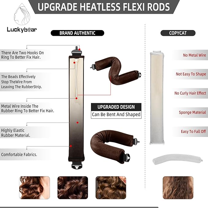 Heatless Curls Overnight Rods Jumbo Set, Heatless Hair Curler Velvet Satin Jumbo Flexi Rods to Sleep in, No Heat Overnight Sleeping Blowout Curls Wave Styling Tools with Silk Scarf 4pcs Brown
