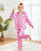 Girls Pajamas Silk PJS Set Satin Sleepwear Long Sleeve Jammies for Kids Button-Down Nightwear Loungewear 3-16 Years