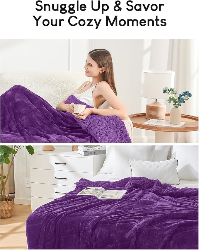 Cottonblue Weighted Blanket 15 lbs for Adults, Flannel Shaggy Sherpa Weighted Blanket for Queen Bed Comfort Weighted Blankets for Calming and Relax, Bed Sofa Heavy Blankets, 48x72 inches, Purple