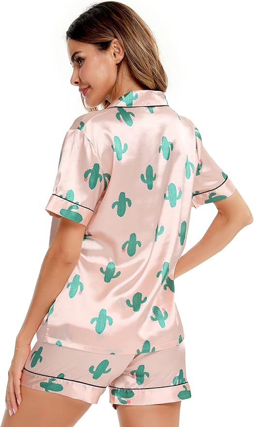 SWOMOG Womens Silk Satin Pajamas Set Short Sleeve Sleepwear Button Down Top and Shorts Loungewear 2 Piece Pjs Set XS-3XL