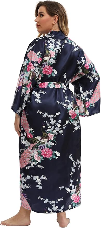 Women's Floral Long Satin Robes Plus Size Long Silk Robes Peacock Floral Kimonos Sleepwear Dressing Gown