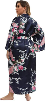 Women's Floral Long Satin Robes Plus Size Long Silk Robes Peacock Floral Kimonos Sleepwear Dressing Gown