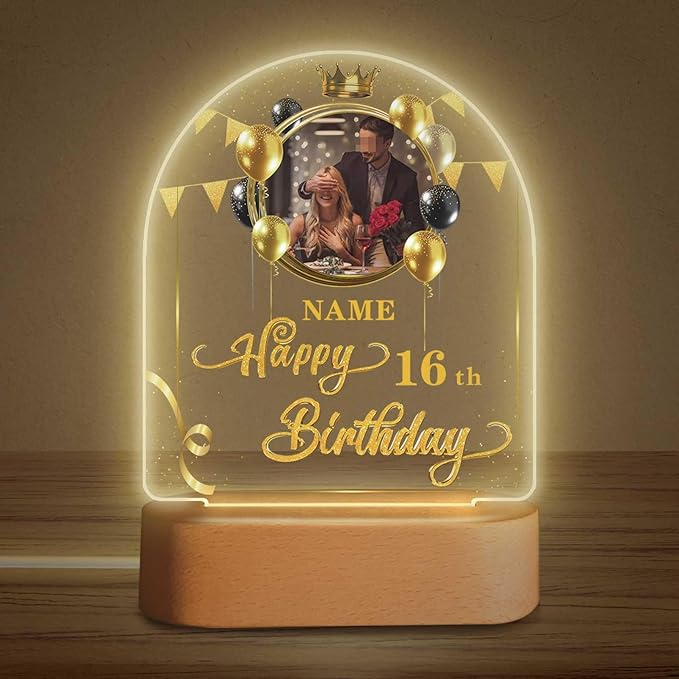 Customized Birthday Gifts Personalized Acrylic LED Night Light Lamp Plaque Custom Photo Name Age Birthday Gifts for Women Men(B-Black and Gold)