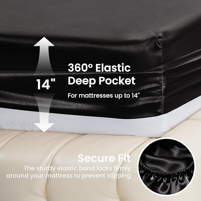 Love's cabin Satin Queen Sheets Set - 4 Piece Black Silky Bed Sheets Set with Deep Pocket, Luxury Silk Feel Satin Queen Size Sheet Set (1 Flat Sheet,1 Fitted Sheet,2 Pillow Cases)
