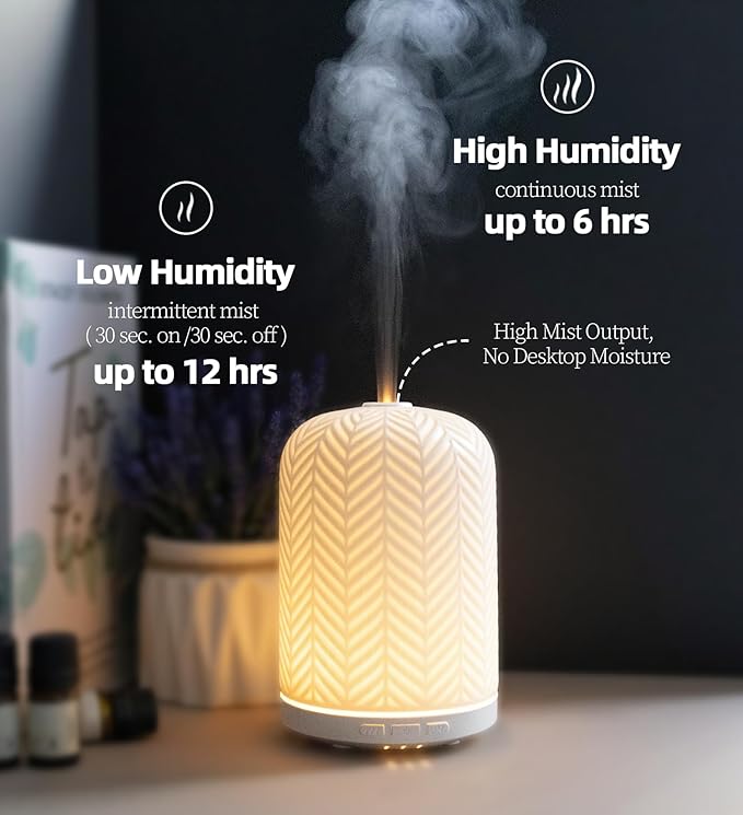 Onaboviva Essential Oil Diffuser - 2.4MHz Ultrasonic Ceramic Diffuser for Home, 120ml, Pulse&Continuous Mist, Bright/Dim/Breathing Lighting, Waterless Auto-Off, Aromatherapy Diffuser with USB Cable