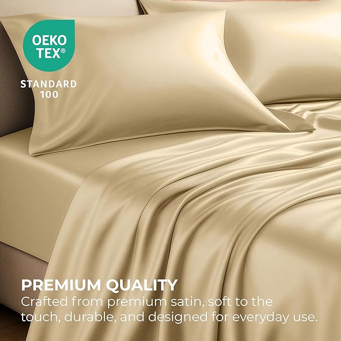 Satin Sheets King [4-Piece, Ivory] Hotel Luxury Silky Bed Sheets - Extra Soft 1800 Microfiber Sheet Set, Wrinkle, Fade, Stain Resistant - Deep Pocket Fitted Sheet, Flat Sheet, Pillow Cases