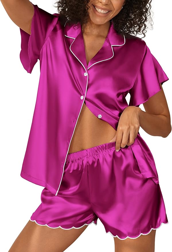 Ekouaer Women's Classic Button Down Ruffle Sleeves Short Satin Silk Pajama Set