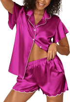 Ekouaer Women's Classic Button Down Ruffle Sleeves Short Satin Silk Pajama Set