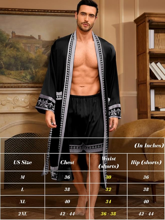 ChiaoLezhee Men's Luxury Silky Robe & Shorts Set, 2PC Lightweight Satin Pajamas with Pockets, Opulent Baroque Kimono Gifts