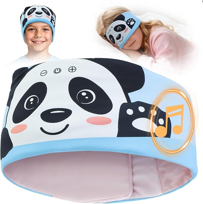 Toddler Headband Headphones Wireless, Kids Bluetooth Earphones for iPad, Safe Volume - Wired School Headphones with 3.5 MM Jack, Sleep Mask for Kids, Travel Accessories Gift for Boys & Girls (Panda)