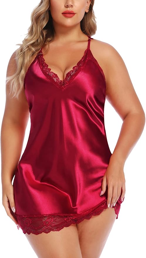 Avidlove Women Lingerie Plus Size Satin Lace Chemise Nightgown Sexy Full Slips Sleepwear L-4XL