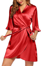 Ekouaer Women's Satin Robe Valentines Lingerie for Women Kimono Bathrobe Short Ruffle Belted Robes Bridesmaids Sleepwear