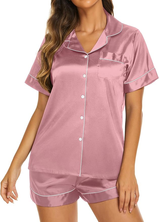 Ekouaer Silk Pajamas for Women Short Sleeve Sleepwear Soft Button Down Loungewear 2 Piece Satin Pjs Shorts Set