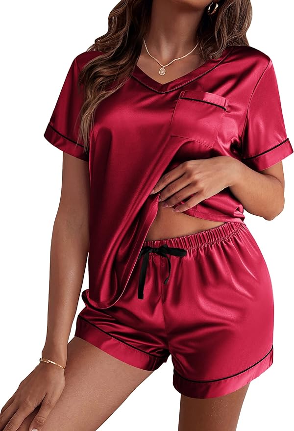 Ekouaer Silk Pajama for Women Short Sleeve Satin Pj Set Two Piece Soft Sleepwear Loungewear, S-XXL
