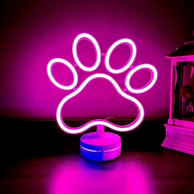 Dog Paw Neon Sign Lamp Dimmable LED with Standable Base and Touchable Switch,USB or 3-AA Battery Powered Neon Signs LED Desktop Wall Decoration for Party, Bedroom ，Birthday Christmas Gift