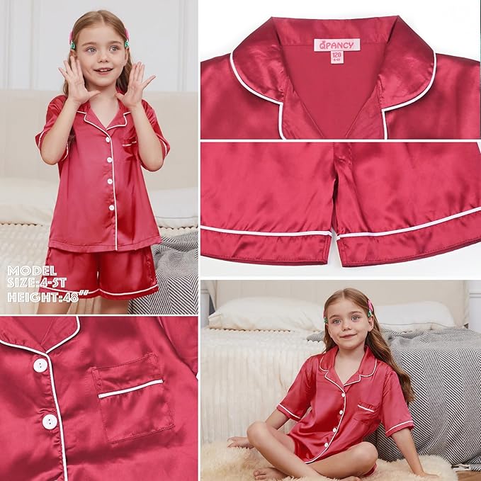 QPANCY Kids Satin Pajamas Sets Baby Boy Girl Button-Down Silk Sleepwear 2 Piece Short Sleeve Loungewear Clothes Set