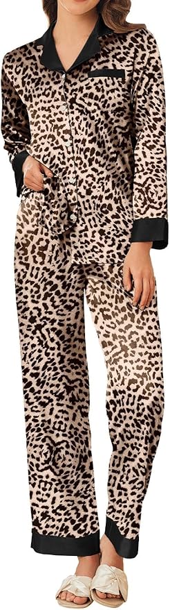 Ekouaer Silk Pajamas for Women Long Sleeve Satin Pajama Set Silky Pj Sets 2 Piece Button Down Loungewear Sleepwear