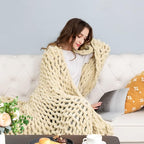 HBlife Chunky Knit Throw Blanket 40X40 Inches, Super Warm Soft Chenille Yarn Cable Knitted Blankets and Throws Boho Giant Cozy Thick Crochet Blanket for Sofa Bed Couch, Beige