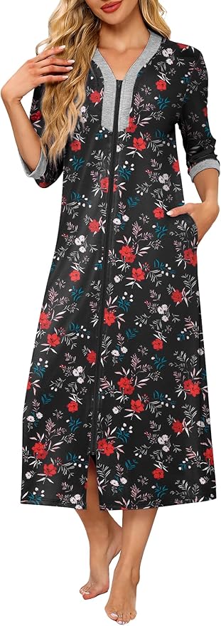 Ekouaer Women's Zipper Robe 3/4 Sleeves Housecoat Full Length Nightgown Soft Loungewear Robe with Pockets S-3XL
