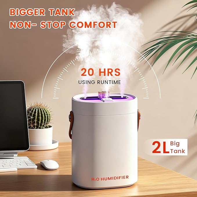 2L Humidifier for Bedroom,Portable Cool Mist Humidifiers,Ultra Quiet 20dB,Top Fill Air Humidifier for Home,Office,Plants,Adjustable Humidity,Night Light,BPA-Free,Beige