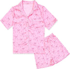 QPANCY Kids Satin Pajamas Sets Baby Boy Girl Button-Down Silk Sleepwear 2 Piece Short Sleeve Loungewear Clothes Set
