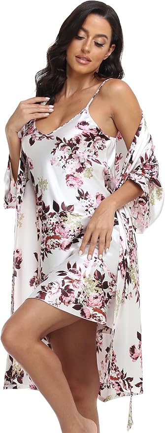 Women's Satin Robes Set with Nightgown Silk Kimono Pajamas 2 Piece Sleepwear Camisole Wedding Bride Gown Set