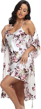 Women's Satin Robes Set with Nightgown Silk Kimono Pajamas 2 Piece Sleepwear Camisole Wedding Bride Gown Set