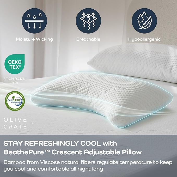 Olive + Crate BreathePure™ Adjustable Cooling Shredded Memory Foam Pillow - Breathable Bamboo Viscose Cover for Temperature Control - Crescent Gel Pillows for Side Sleepers - Queen Size
