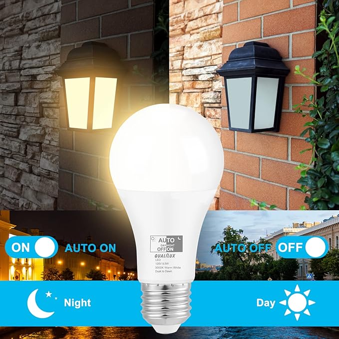 Qualilux Dusk to Dawn LED Light Bulbs Outdoor, Automatic On/Off, 60W Equivalent, Warm White 3000K, Energy Efficient 9.5W, 850 Lumen, A19, E26 Base, 2-Pack, HQ-H007