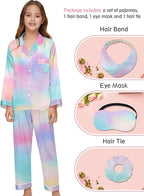 EPLAZA Kids Satin Pajamas Sets Girls Boys Button-Down Silky Pajamas Sleepwear with Hairband Eye Mask Hair Tie