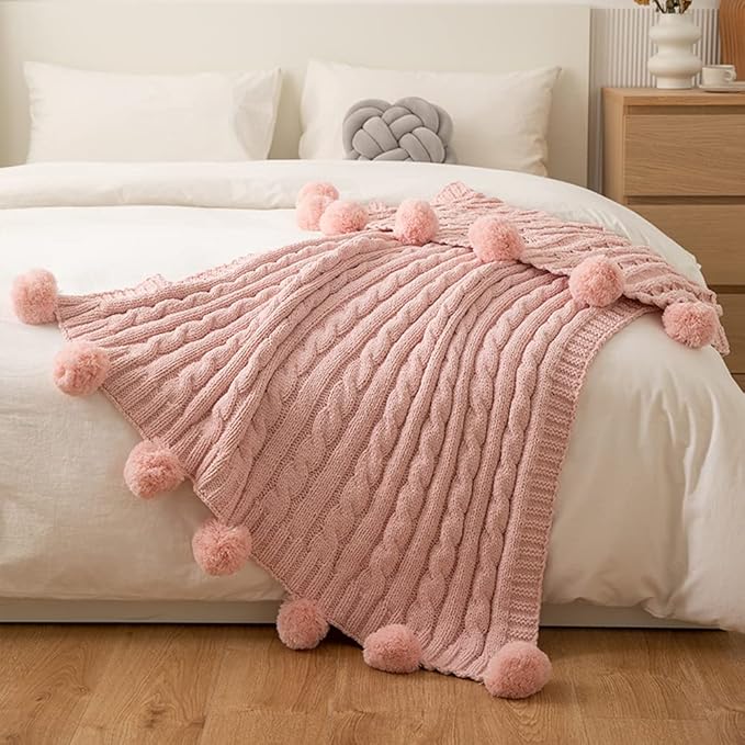 ATMOSURELY Ultra Soft Pink Chenille Cable Knit Throw Blanket with Handmade Pom Poms Cozy Fluffy Knitted Blanket Lightweight Warm Woven Farmhouse Blanket for Bed Sofa Couch 50x60 Inches (Pink)