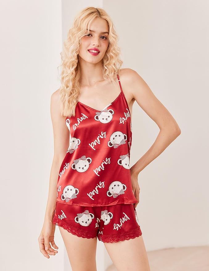Ekouaer Satin Pajamas Women Lace Sleepwear Lingerie Cami Shorts Set Nightwear XS-XXL