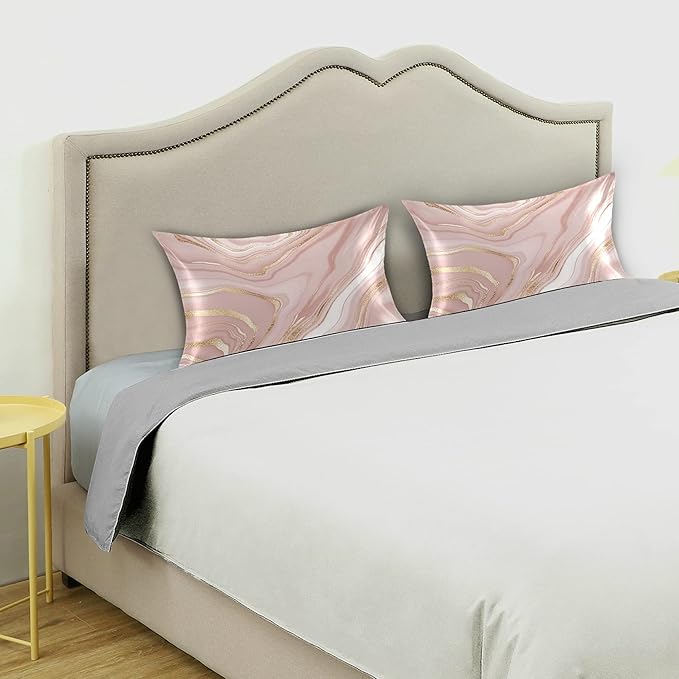 Rose Gold Satin Pillowcase for Hair and Skin, Rose Gold Marble Silk Pillow Case with Envelope Closure, Queen Size 20x30 inches, 1 PC