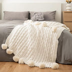 ATMOSURELY Ultra Soft Beige Chenille Cable Knit Throw Blanket with Handmade Pom Poms Cozy Fluffy Knitted Blanket Lightweight Warm Woven Farmhouse Blanket for Bed Sofa Couch 50x60 Inches (Beige)