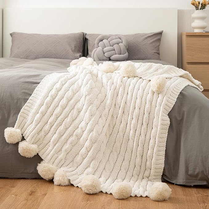 ATMOSURELY Ultra Soft Beige Chenille Cable Knit Throw Blanket with Handmade Pom Poms Cozy Fluffy Knitted Blanket Lightweight Warm Woven Farmhouse Blanket for Bed Sofa Couch 50x60 Inches (Beige)