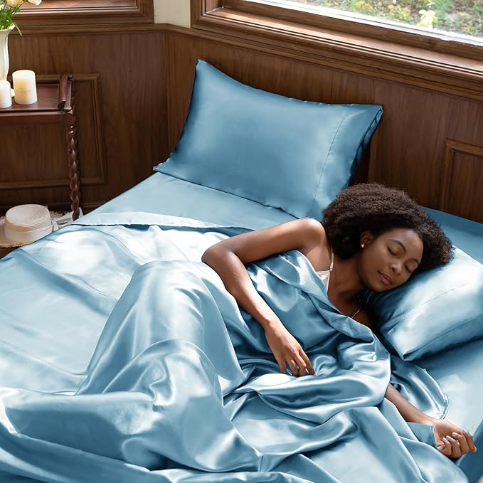 CozyLux Satin Sheets King Size Sheet Set - 4 Piece Silky King Sheets, Luxury Sky Blue King Bed Set with Smooth and Soft Microfiber, Includes 1 Fitted Sheet, 1 Flat Sheet and 2 Pillowcases