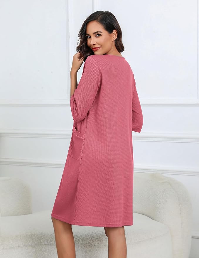 Ekouaer Women Zipper Robes Knee Length Waffle Knit Bathrobe Lightweight House Coat with Pockets 3/4 Sleeves Loungewear S-3XL