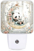 Panda Night Lights Plug Into Wall, Cute Fanciful Moon Flowers Spring Pastel Peach Smart Outlet Plug in Led Night Light Lamp for Guest Room Basement Office Decor 1pcs