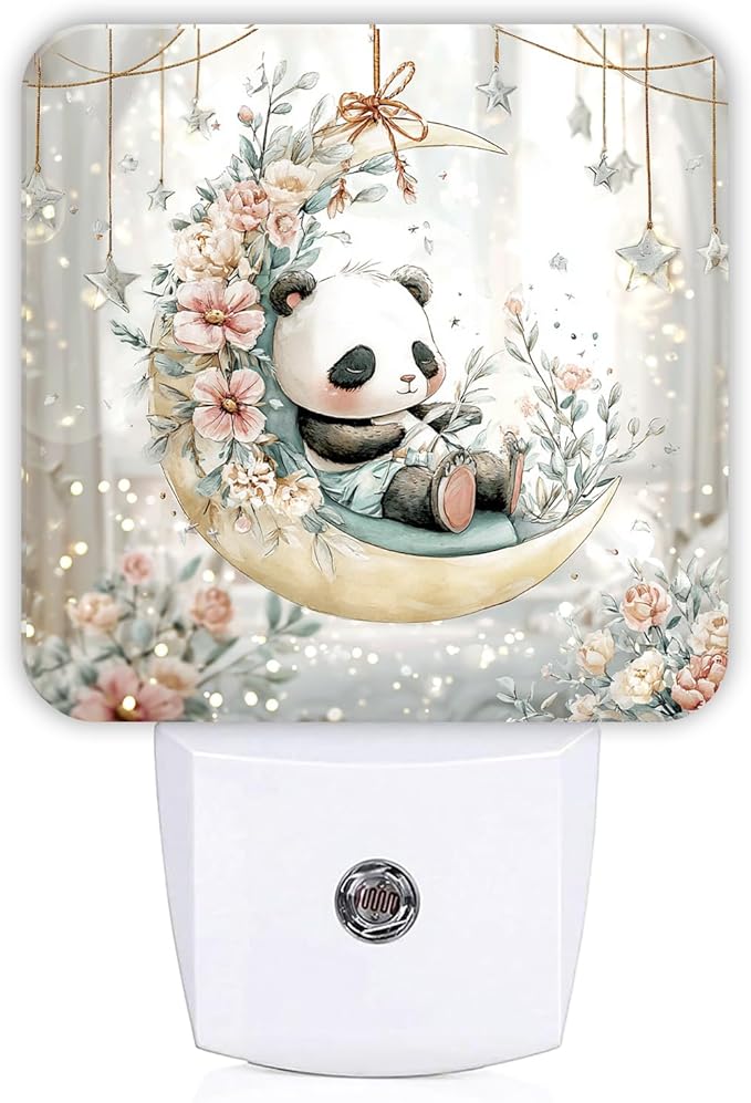 Panda Night Lights Plug Into Wall, Cute Fanciful Moon Flowers Spring Pastel Peach Smart Outlet Plug in Led Night Light Lamp for Guest Room Basement Office Decor 1pcs