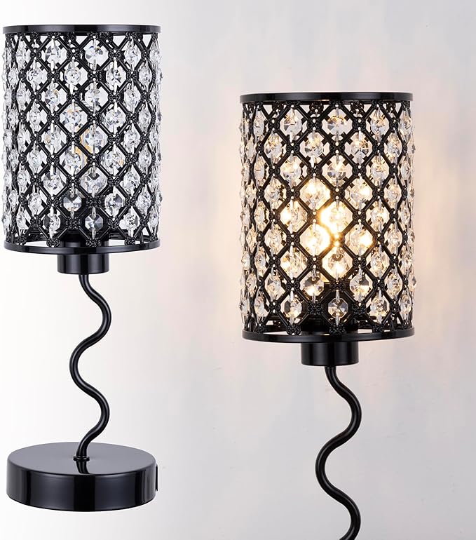 EOEYYOYB Crystal Table Lamp with 3 Way Dimmable Touch Control, Nightstand with USB A+C Ports, Modern Bedside Touch Lamp for Bedroom, Living Room, Office Reading, Black