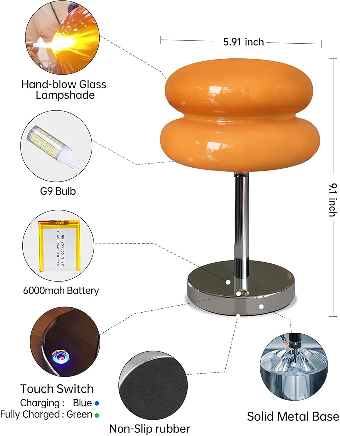 Mushroom Table Lamp for Bedroom, Cordless Mid Century Modern Lamp, Cute Egg Tart Small Night Light, 5000mAh Rechargeable Table Light for Living Room Nightstand Home Mushroom Decor Aesthetic (Copper)