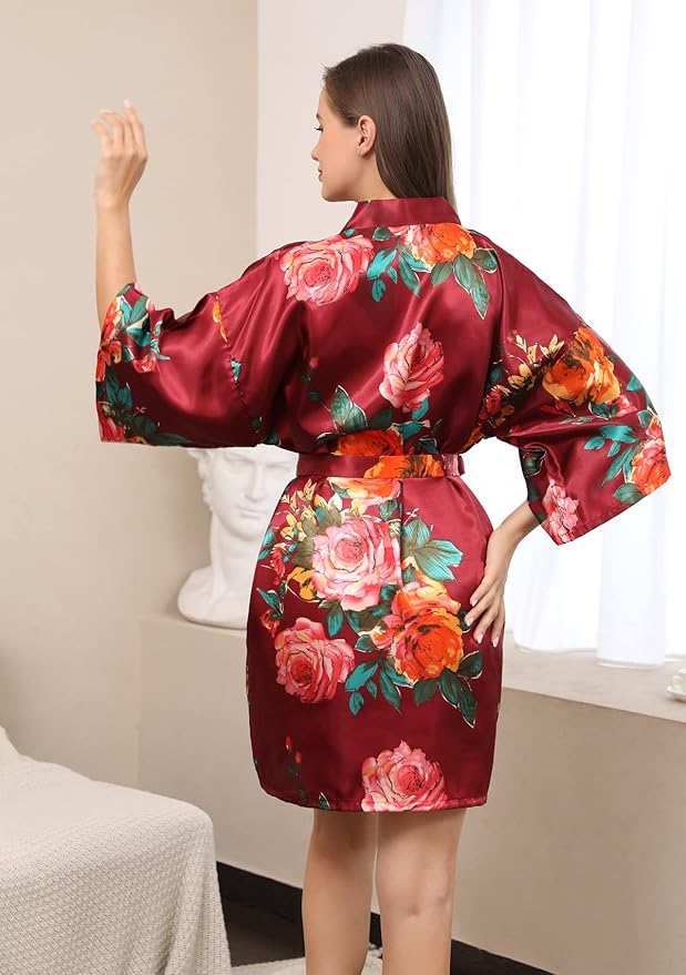 QXQTER Peony Floral Silky Satin Robe Wedding Bridal Party Bride Bridesmaid Robes for Women Dressing Gown Kimono Robe
